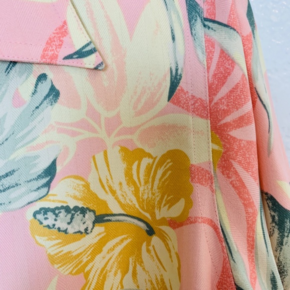 Natural Elements Silk Shirt Dress Size 14 Pink Floral Tropical Hawaiian Belted - Picture 4 of 13